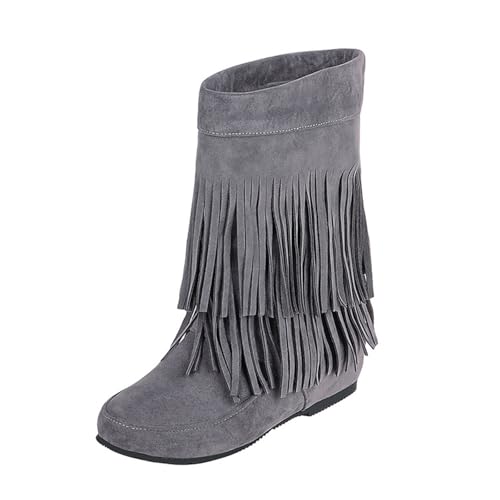 Qynthra Damen Fransenstiefel Flacher Absatz Wildlederstiefel Mittlere Wade Mit Quasten Für Festival Und Alltag Atmungsfutter Gummisohle,Grau,39 EU von Qynthra