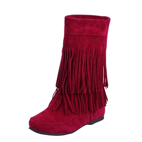 Qynthra Damen Fransenstiefel Flacher Absatz Wildlederstiefel Mittlere Wade Mit Quasten Für Festival Und Alltag Atmungsfutter Gummisohle,Rot,39 EU von Qynthra
