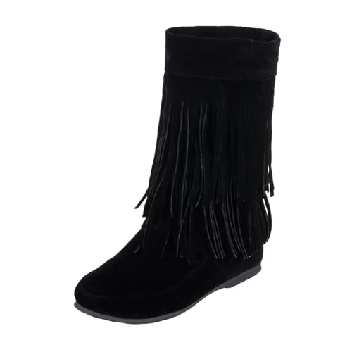 Qynthra Damen Fransenstiefel Flacher Absatz Wildlederstiefel Mittlere Wade Mit Quasten Für Festival Und Alltag Atmungsfutter Gummisohle,Schwarz,41 EU von Qynthra