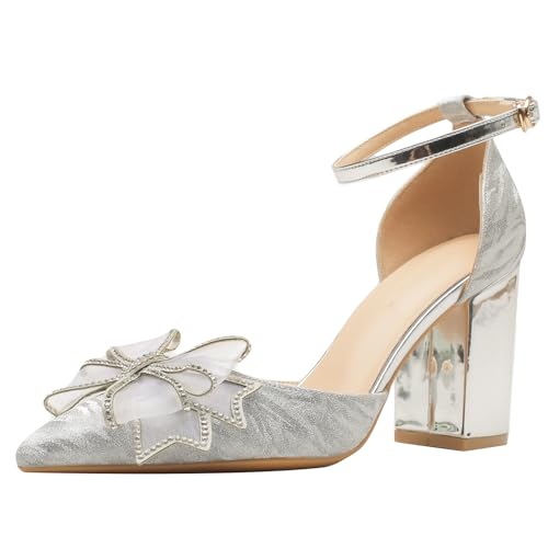 Qynthra Damen Glitzer Kristall Schleife Absatzhochschuhe Hochzeitsfeier Pumps Blockabsatz Knöchelriemen für abendliche Galas und formelle Veranstaltungen,Silver (Heel 6cm),34 EU von Qynthra