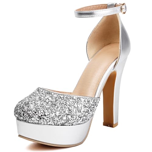 Qynthra Damen Glitzer Plateform Pumps Blockabsatz 4.72" Knöchelriemchen Runde Spitze Pu Sandalen Mit Rutschfester Sohle Für Hochzeits Und Partyschuhe,Silber,44 EU von Qynthra
