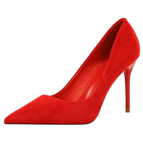Qynthra Damen High Heels Wildleder Spitz Zeh Stiletto Absatz Pumps Klassisch Für Party Abend Hochzeit Ball Büro Abendessen Und Date,Rot,37 EU von Qynthra