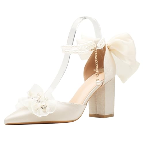 Qynthra Damen Hochzeitsschuhe Chunky Blockabsatz Spitze Zehe Satin Pumps Für Braut Zeremonie Komfort Fit Knöchelriemen,Almond (Heel 8cm),34 EU von Qynthra