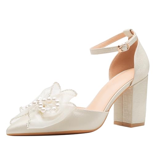 Qynthra Damen Hochzeitsschuhe Komfort Blockabsatz Perlen Knöchelriemen Brautpumps Für Zeremonie Empfang Atmungsaktiv,Almond (Heel 6cm),38 EU von Qynthra
