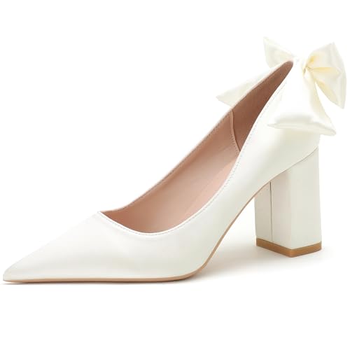 Qynthra Damen Hofschuhe Schleife Blockabsatz Brautschuhe Satin Hochzeitsschuhe Für Empfang Abend,White(Heel:7.5cm),41 EU von Qynthra