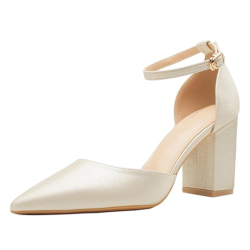 Qynthra Damen Klassische D'Orsay Inspirierte Pumps - Spitze, Blockabsatz, Knöchelriemen, Satin für Hochzeit & formell,Almond 6cm,41 EU von Qynthra