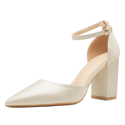 Qynthra Damen Klassische D'Orsay Inspirierte Pumps - Spitze, Blockabsatz, Knöchelriemen, Satin für Hochzeit & formell,Almond 8cm,36 EU von Qynthra