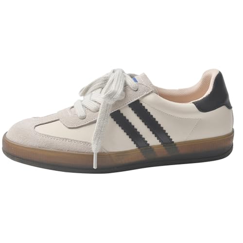 Qynthra Damen Klassische Retro Sportschuhe Gummisohle Echtes Leder Tennis Skate Schuhe Gestreiftes Design rutschfest Walking Training,Apricot,45 EU von Qynthra