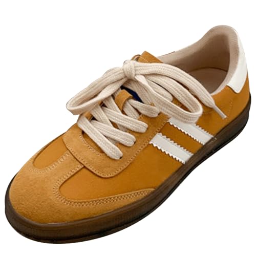 Qynthra Damen Klassische Retro Sportschuhe Gummisohle Echtes Leder Tennis Skate Schuhe Gestreiftes Design rutschfest Walking Training,Gelb,36 EU von Qynthra