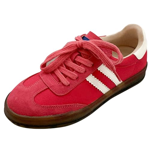 Qynthra Damen Klassische Retro Sportschuhe Gummisohle Echtes Leder Tennis Skate Schuhe Gestreiftes Design rutschfest Walking Training,Rot,41 EU von Qynthra