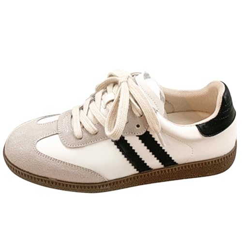 Qynthra Damen Klassische Retro Sportschuhe Gummisohle Echtes Leder Tennis Skate Schuhe Gestreiftes Design rutschfest Walking Training,Weiß,38 EU von Qynthra