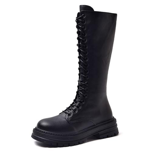 Qynthra Damen Kniehohe Plateau-Schnürstiefel, Kunstleder, Chunky Profilsohle, Gothic Punk Streetwear Stil,Schwarz,36 EU von Qynthra