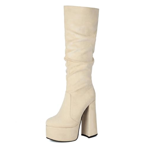 Qynthra Damen Kniehohe Plateaustiefel Wildleder Blockabsatz Seitlicher Reißverschluss Lockerer Stil Bequem Büro Alltag Reisen,Beige,39 EU von Qynthra