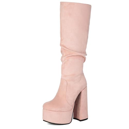 Qynthra Damen Kniehohe Plateaustiefel Wildleder Blockabsatz Seitlicher Reißverschluss Lockerer Stil Bequem Büro Alltag Reisen,Rosa,37 EU von Qynthra