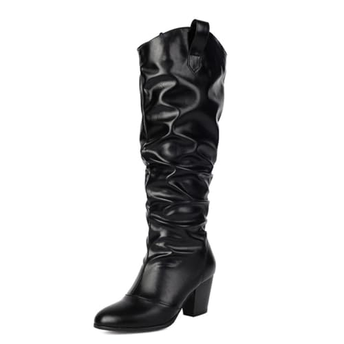Qynthra Damen Kniehohe Slouch Stiefel Blockabsatz Runde Spitze Lange Stiefel Für Herbst Winter Streetwear & Alltag Künstliches Leder Atmungsaktiv,Schwarz,42 EU von Qynthra