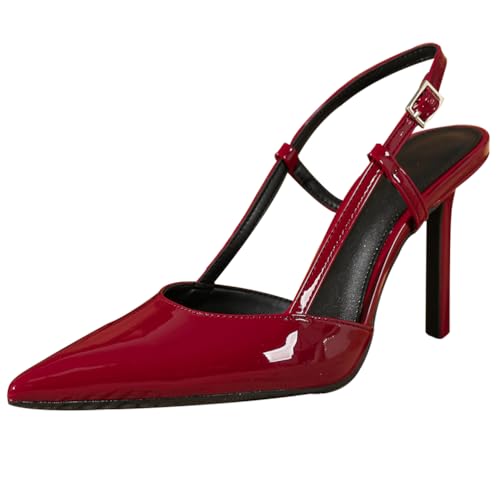 Qynthra Damen Lackleder Spitze Stiletto Slingback-Pumps Hochglanzpolierte Slip-On-Sandalen mit Knöchelriemen für Hochzeitsfeiern und Abendliche Anlässe im Büro,Burgundy,37 EU von Qynthra