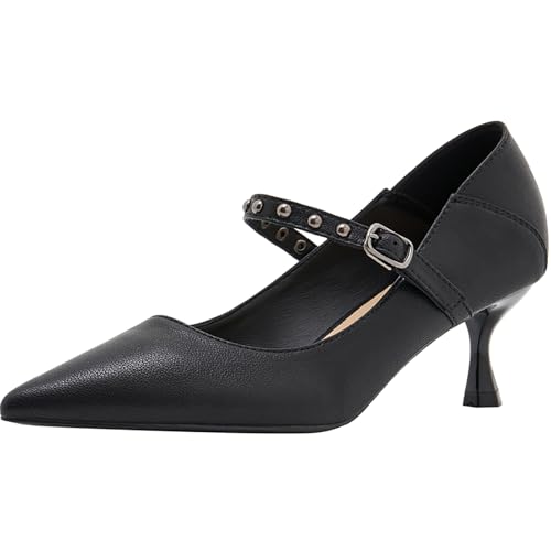 Qynthra Damen Mary Jane Pumps Spitze Nietenriemen Kittenabsatz Nude/Schwarz Ideal Für Hochzeiten Partys Und Romantische Abende,Black (Heel: 5 cm),43 EU von Qynthra