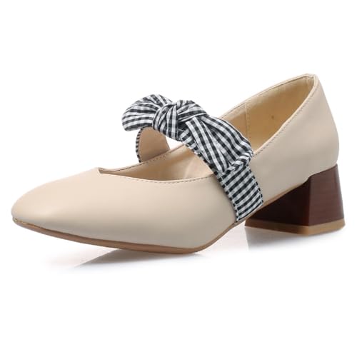Qynthra Damen Mary Jane Schuhe Blockabsatz Quadratspitze Karo Schleife Riemchen Sandalen Sommerlich Bequem Und Stilvoll,Beige,39 EU von Qynthra