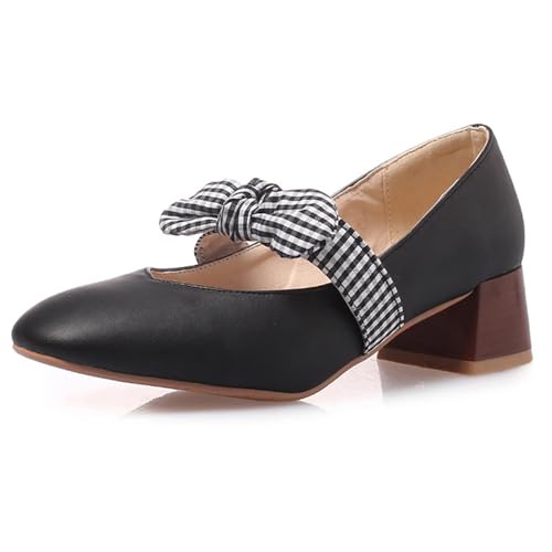 Qynthra Damen Mary Jane Schuhe Blockabsatz Quadratspitze Karo Schleife Riemchen Sandalen Sommerlich Bequem Und Stilvoll,Schwarz,37 EU von Qynthra