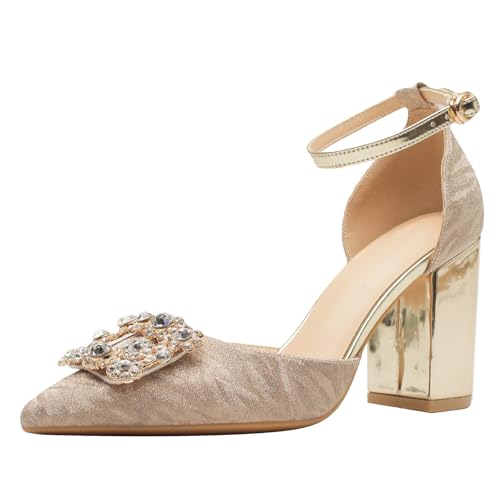 Qynthra Damen Metallisch Kristall Absätze Glitzer Party Pumps Blockabsatz Knöchelriemen Für Hochzeitsempfang Abend Gala Feier,Champagne Gold(Heel 8cm),42 EU von Qynthra