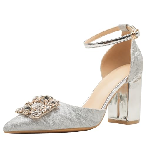 Qynthra Damen Metallisch Kristall Absätze Glitzer Party Pumps Blockabsatz Knöchelriemen Für Hochzeitsempfang Abend Gala Feier,Silver(Heel 8cm),39 EU von Qynthra