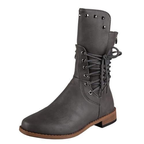 Qynthra Damen Mid-Calf Combat Stiefel, Schnürung mit Metallösen, Runde Spitze, Blockabsatz, Nieten-Details, Geeignet für Herbst & Winter,Grau,39 EU von Qynthra