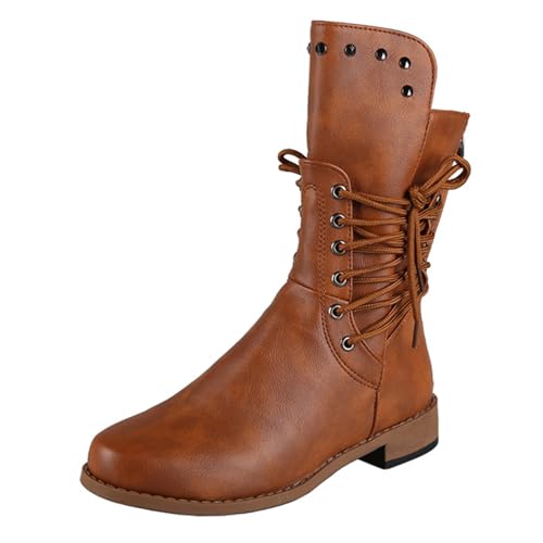 Qynthra Damen Mid-Calf Combat Stiefel, Schnürung mit Metallösen, Runde Spitze, Blockabsatz, Nieten-Details, Geeignet für Herbst & Winter,Light Brown,36 EU von Qynthra