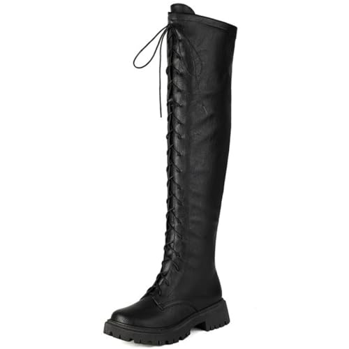Qynthra Damen Overknee Combat Boots Kunstleder Mit Schnürung Plateausohle Stilvoll Party Abend Büro Alltag,Schwarz,40 EU von Qynthra