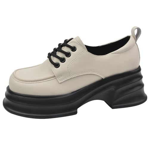 Qynthra Damen Oxford Plateform Schuhe Dicke Sohle Weite Loafers Bequem Schnürung Runde Zehen Antirutsch für Büro Alltag Gehen Freizeit,Apricot,39 EU von Qynthra