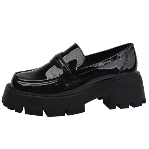 Qynthra Damen Penny Loafers mit Weitenbreite Plateau, Schlupf-Schuhe mit Komfort-Fußbett Dicken Sohlen aus Kunstleder für Business und Freizeit,Glossy Black,38 EU von Qynthra