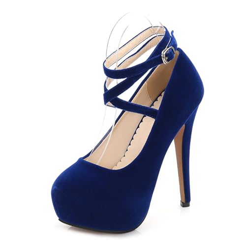 Qynthra Damen Plateau Stiletto Absatz Schuhe Runder Zeh Wildleder Knöchelriemen Mit Kreuzband Design Abendschuhe Für Club Abend Formell,Blau,38 EU von Qynthra