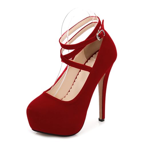 Qynthra Damen Plateau Stiletto Absatz Schuhe Runder Zeh Wildleder Knöchelriemen Mit Kreuzband Design Abendschuhe Für Club Abend Formell,Rot,38 EU von Qynthra
