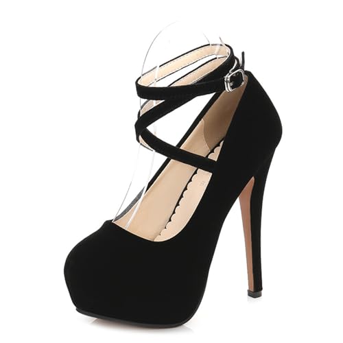 Qynthra Damen Plateau Stiletto Absatz Schuhe Runder Zeh Wildleder Knöchelriemen Mit Kreuzband Design Abendschuhe Für Club Abend Formell,Schwarz,45 EU von Qynthra