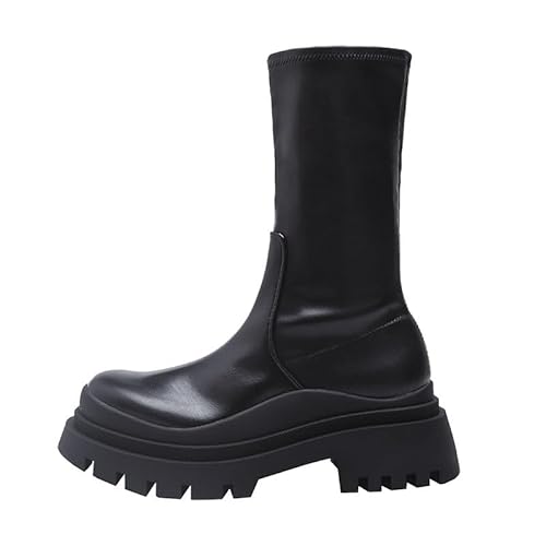 Qynthra Damen Platform Combat Boots Mid Calf Schwarzes Kunstleder Klobige Profilsohle Dehnbares Obermaterial Street Style Arbeit,Schwarz,42 EU von Qynthra
