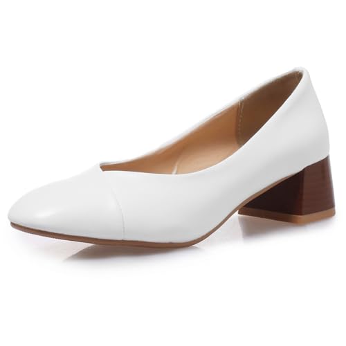 Qynthra Damen Pumps Blockabsatz Geschlossene Quadratspitze Schlupf Klassisches Leder Holzabsatz Perfekt Für Büro Alltag Bequem Und Elegant,Weiß,42 EU von Qynthra
