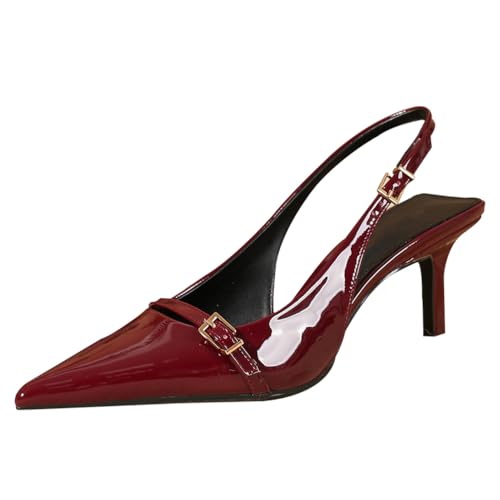 Qynthra Damen Pumps Lack Spitz Kitten Absatz Slingback Gold Schnalle Für Hochzeit Büro Und Abendveranstaltungen,Burgundy,39 EU von Qynthra