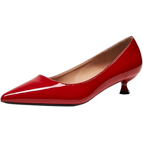 Qynthra Damen Pumps Lackleder Kittenabsatz Spitze Schwarz/Nude/Rot Erhältlich In 7cm/5cm/3cm Ideal Für Büro Dates Und Partys,Red (Heel: 3 cm),38 EU von Qynthra