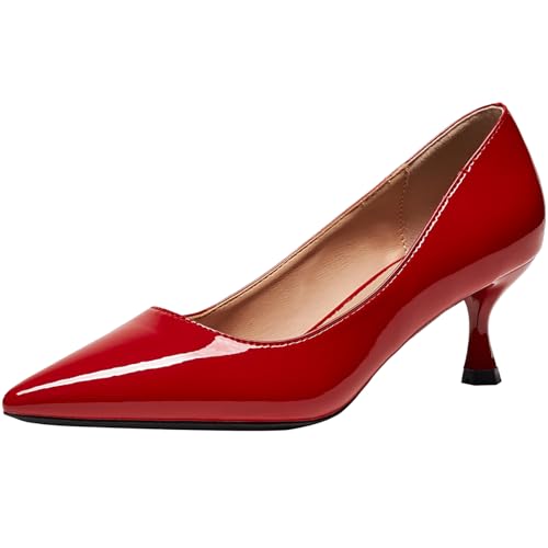 Qynthra Damen Pumps Lackleder Kittenabsatz Spitze Schwarz/Nude/Rot Erhältlich In 7cm/5cm/3cm Ideal Für Büro Dates Und Partys,Red (Heel: 5 cm),40 EU von Qynthra