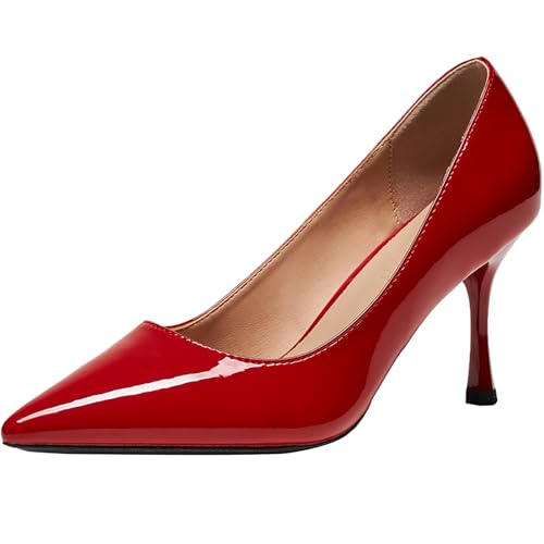 Qynthra Damen Pumps Lackleder Kittenabsatz Spitze Schwarz/Nude/Rot Erhältlich In 7cm/5cm/3cm Ideal Für Büro Dates Und Partys,Red (Heel: 7 cm),41 EU von Qynthra