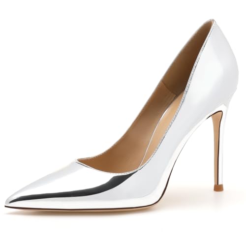 Qynthra Damen Pumps Metallic Silber Spitzem Zehen Stiletto Hohem Absatz Klassische Lack Court Schuhe Für Büro Alltag Abend,Silver(Heel:10cm),40 EU von Qynthra