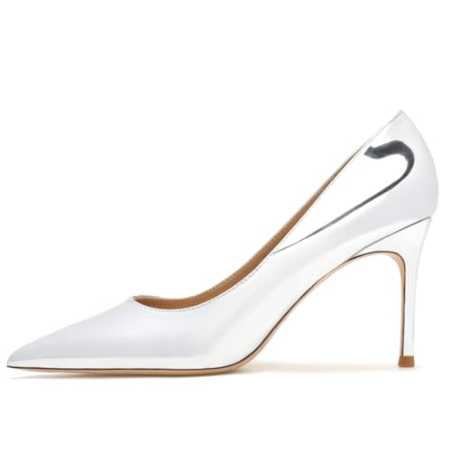 Qynthra Damen Pumps Metallic Silber Spitzem Zehen Stiletto Hohem Absatz Klassische Lack Court Schuhe Für Büro Alltag Abend,Silver(Heel:8cm),38 EU von Qynthra