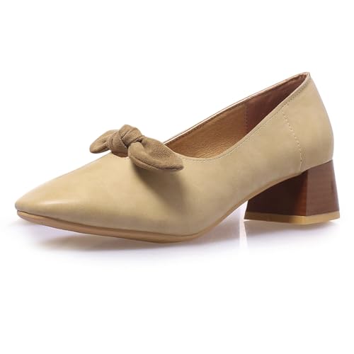 Qynthra Damen Pumps Mit Spitzer Zehe Schleife Leder Holzblockabsatz Hofschuhe Elegant Für Büro Alltag Verabredung Bequem Und Stilvoll,Apricot,46 EU von Qynthra