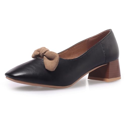 Qynthra Damen Pumps Mit Spitzer Zehe Schleife Leder Holzblockabsatz Hofschuhe Elegant Für Büro Alltag Verabredung Bequem Und Stilvoll,Schwarz,41 EU von Qynthra