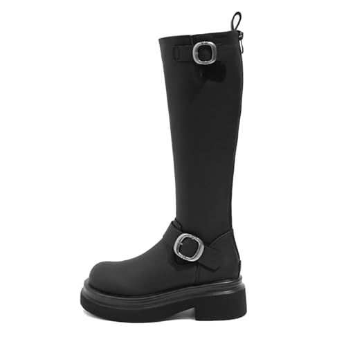 Qynthra Damen Reitstiefel Blockabsatz Mit Rundem Zehen Mittelhohe Stiefel Für Herbst Winter Outdoor Und Alltag Atmungsaktives PU Leder Warmes Futter,Black Fleece Lining,35 EU von Qynthra