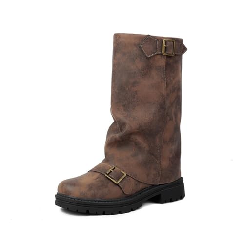 Qynthra Damen Reitstiefel Blockabsatz Mittlere Wade Mit Schnalle Für Outdoor Spaziergänge Und Herbst Winter Outfits Mikrofaser Obermaterial Memory Einlegesohle,Braun,35 EU von Qynthra