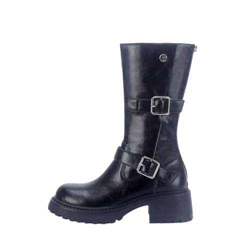 Qynthra Damen Reitstiefel Mit Schnalle Blockabsatz Kniehohe Stiefel Für Herbst Winter Outdoor Und Freizeitoutfits Kunstleder Retro Stil,Schwarz,38 EU von Qynthra