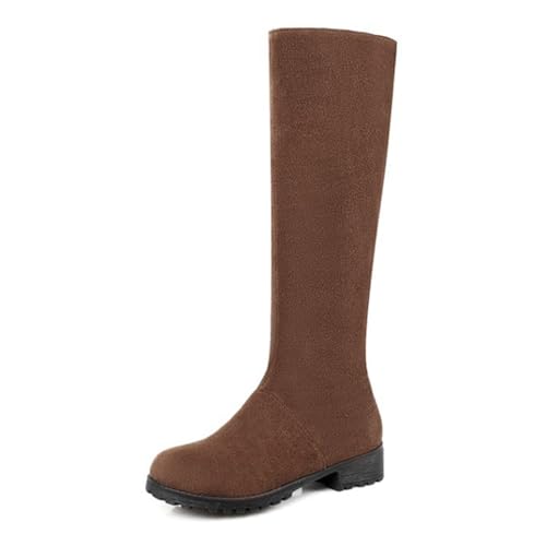 Qynthra Damen Reitstiefel Niedriger Blockabsatz Runde Zehe Kniehohe Stiefel Für Herbst Und Winter Outdoor Tragen Wildleder Warmes Futter,Braun,37 EU von Qynthra