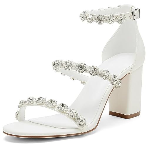 Qynthra Damen Sandalen Blockabsatz Dick Weiß Kristall Verziert DREI Riemen Design Strass Brautschuhe Für Hochzeit Party Abendempfang,Weiß,40 EU von Qynthra
