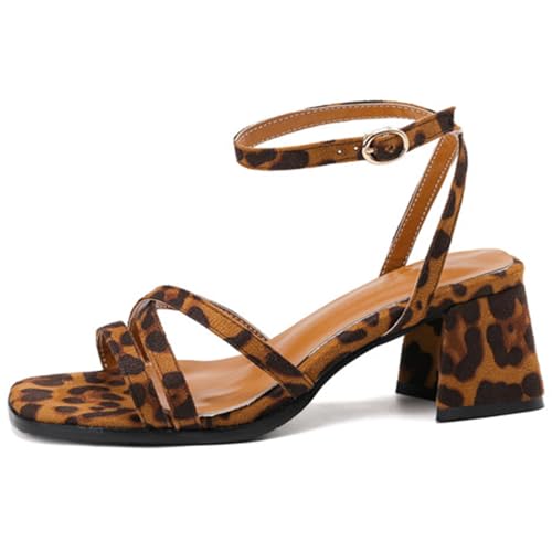 Qynthra Damen Sandalen Mit Knöchelriemen Riemchenabsatz Blockabsatz Schwarz Und Leopardenmuster Ideal Für Dates Bars Und Festivals,Leopard Print,48 EU von Qynthra