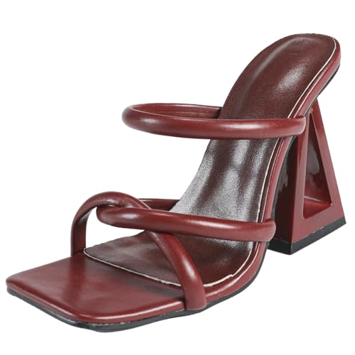 Qynthra Damen Sandalen Quadratische Offene Spitze Riemen Schlupf Dicker Dreieck Blockabsatz Burgunder Leder Für Büro Party Urlaub,Burgundy,35 EU von Qynthra